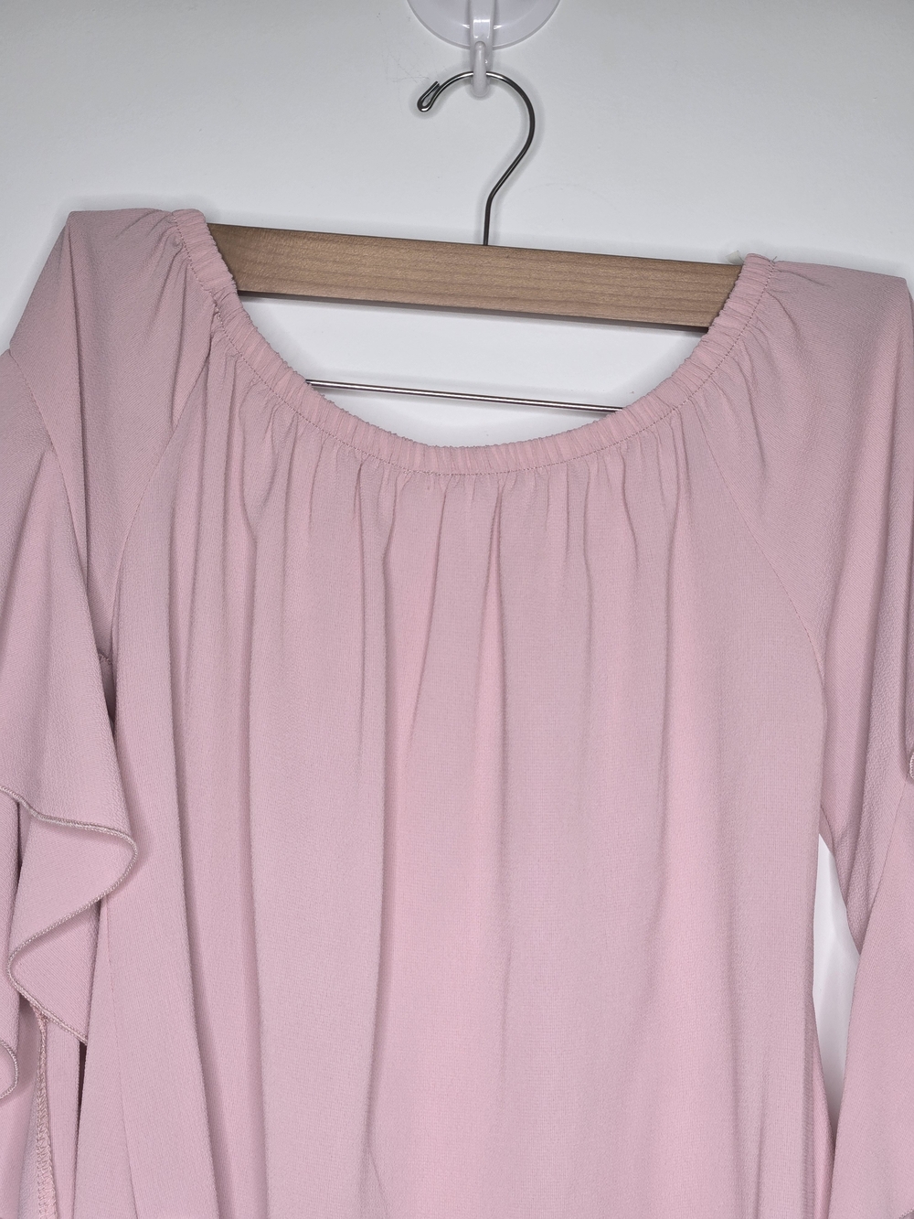 Pink Off The Shoulder Blouse Cascading Ruffle Sleeve Tie Front Dusty Rose - S - Picture 7 of 10